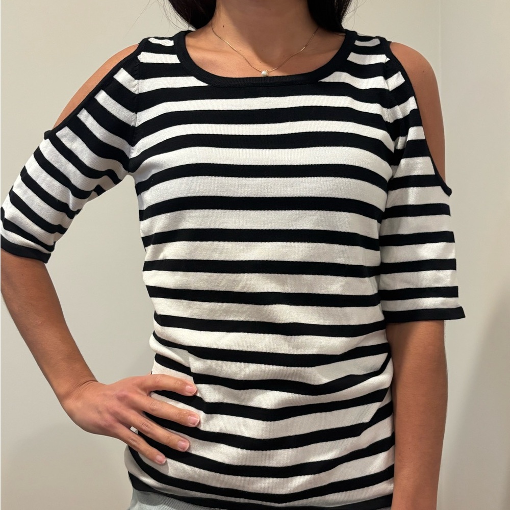 Black and White Striped Open Shoulder Top